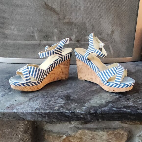 Eva & Zoe Blue/White Striped Sexy 1940s Cork Wedge Sandals Size 8 - Picture 14 of 16